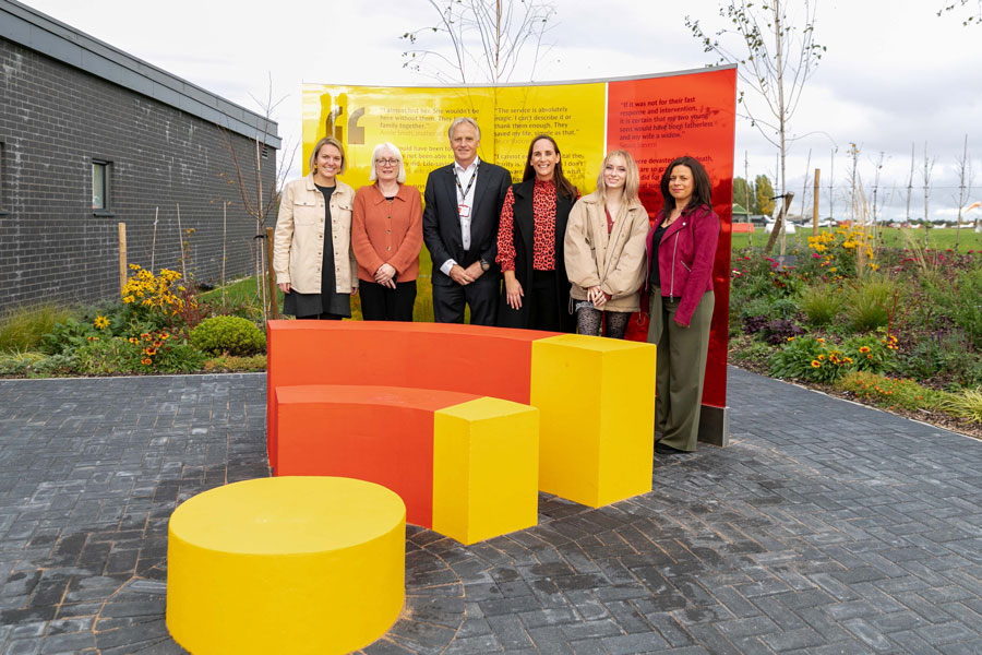 Three Harlow College tutors with Roy, Jane and Leah at sculpture unveiling